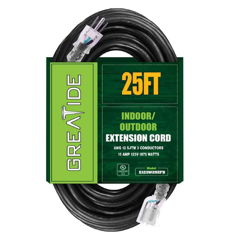 Etokfoks 25 ft. 12/3 Heavy Duty Outdoor Extension Cord with 3 Prong Grounded Plug15 Amps Power