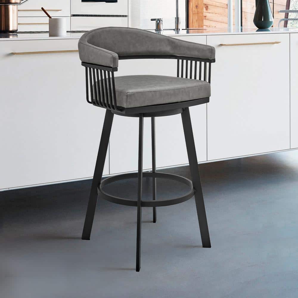 Bronson 30 in. Bar Height Low Back Swivel Bar Stool in Black and Grey Faux 