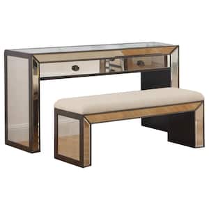 Arthur 56 in. L Hazelnut Mirrored Console Table with Bench
