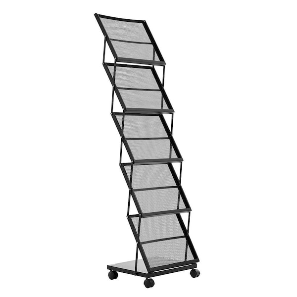Brochure Display Rack, Foldable 5 Pockets Magazine Literature Display Stand, Movable Floor Standing Magazine Rack