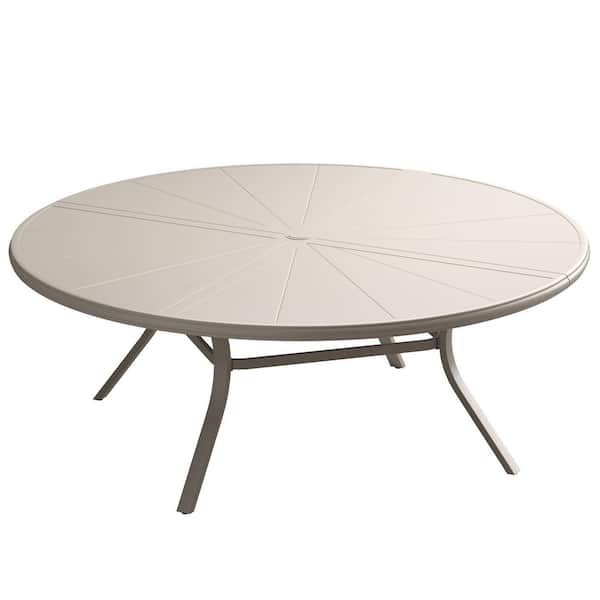 59.8 in. Sandshell Round Outdoor Patio Dining Table for 10 with Umbrella Hole, All-Weather Metal Table