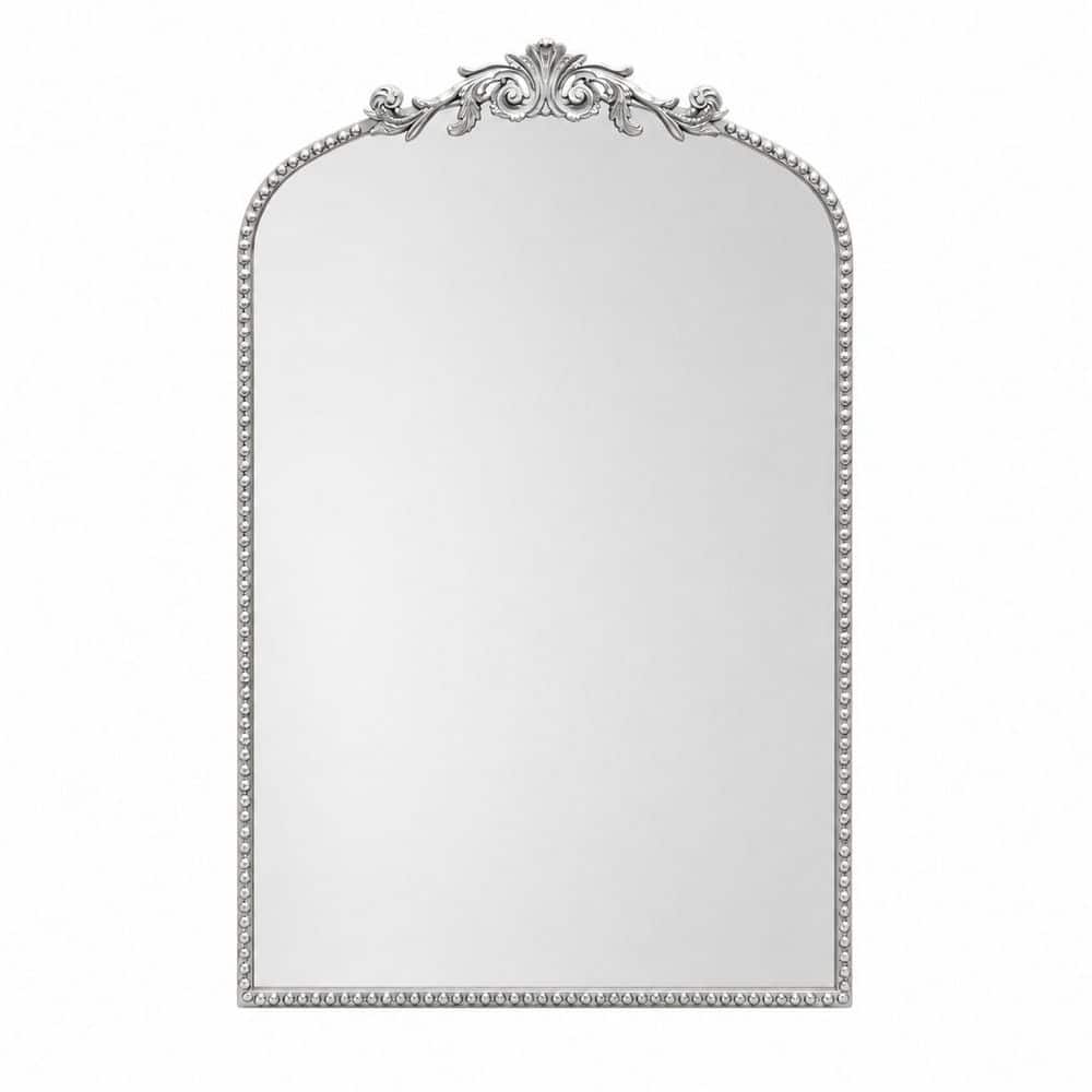 36 in. H x 24 in. W Antique Silver Arched Wall Mirror with Ornate Baroque Metal Frame for Fireplace