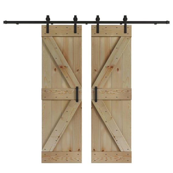 K Series 60 in. x 84 in. Unfinished DIY Knotty Wood Double Sliding Barn Door with Hardware Kit
