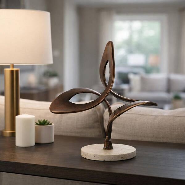 Liv & Skye Bronze 11 in. x 13 in. Metal Swirl on Travertine Base