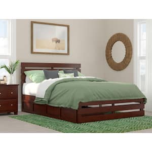 Oxford Walnut Queen Solid Wood Storage Platform Bed with Footboard and USB Turbo Charger with 2 Extra Long Drawers