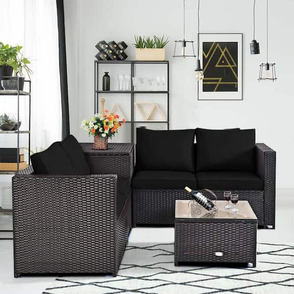 4-Piece Wicker Patio Conversation Set with Storage Table and Black Cushions