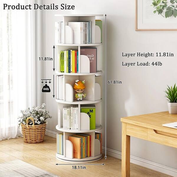 62 in. Tall 360° Wood-MDF White-No Drawer 5-Shelf Bookcase, Storage Cabinet, Display Round Spinning Bookcase Tower