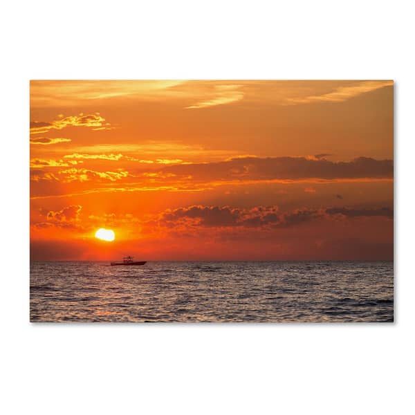 Trademark Fine Art 22 in. x 32 in. Fishing Boat Sunset by Jason Shaffer Floater Frame Nature Wall Art