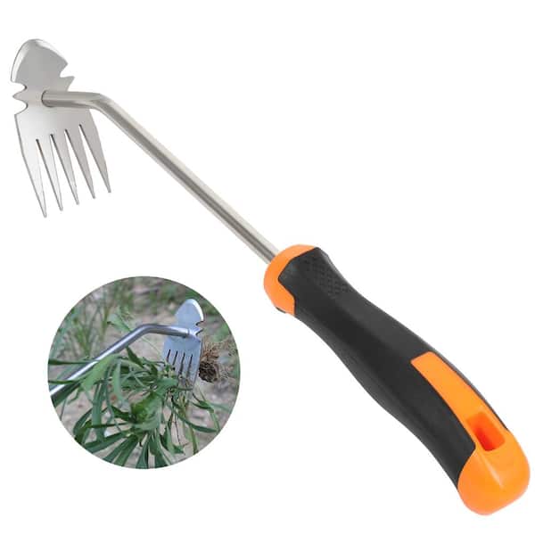 11.4 in Manganese Steel Hand Weeder Tool with Rubber Handle, 5 Teeth Manual Weed Remover