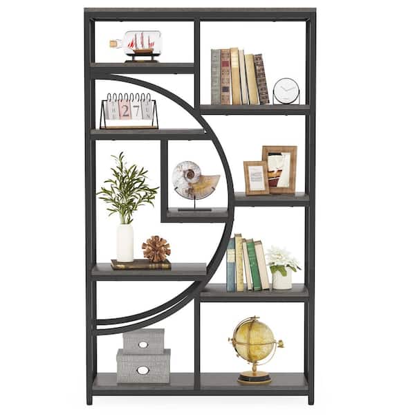 Eulas 68.89 in. Tall Gray and Black Wood 9-Shelf Bookcase Bookshelf with Storage Shelves for Home Office, Living Room