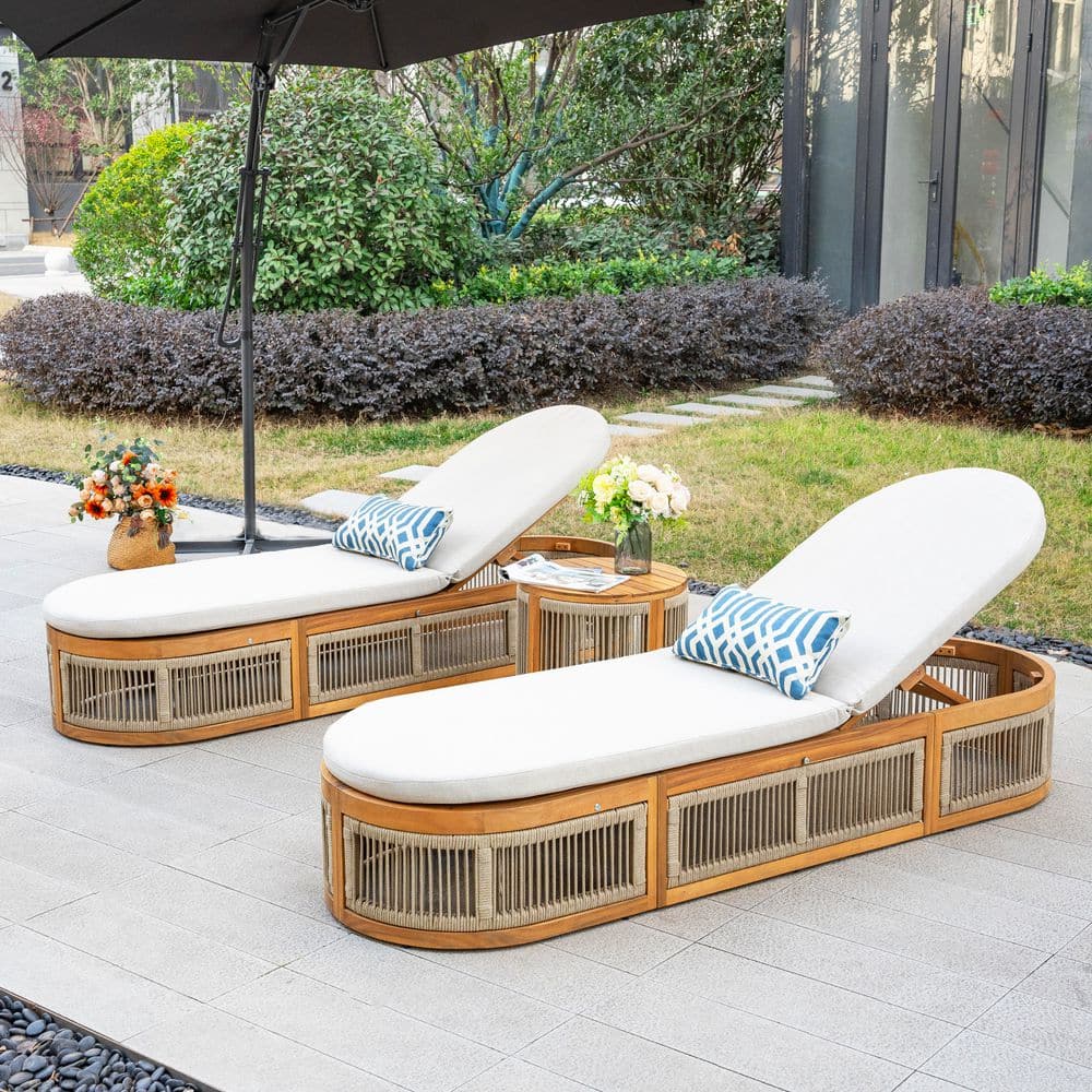 Outdoor 3-Piece Acacia Wood Outdoor Chaise Lounge Set with Beige Cushions price history on PriceWatchPro