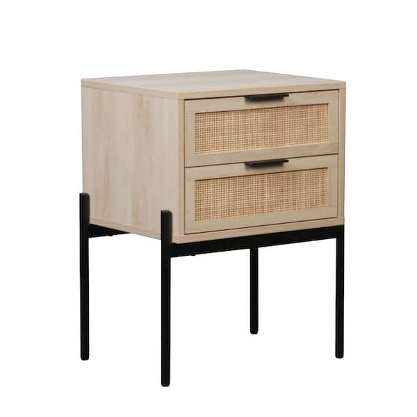 Andrew 19 in. W Oak Wood and Rattan End Side Table with Storage, for Bedroom or Living Room, Black/Rattan, Set of 2