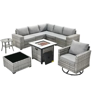 Metis 9-Piece Wicker Outdoor Patio Fire Pit Sectional Sofa Set and with Gray Cushions and Swivel Rocking Chairs