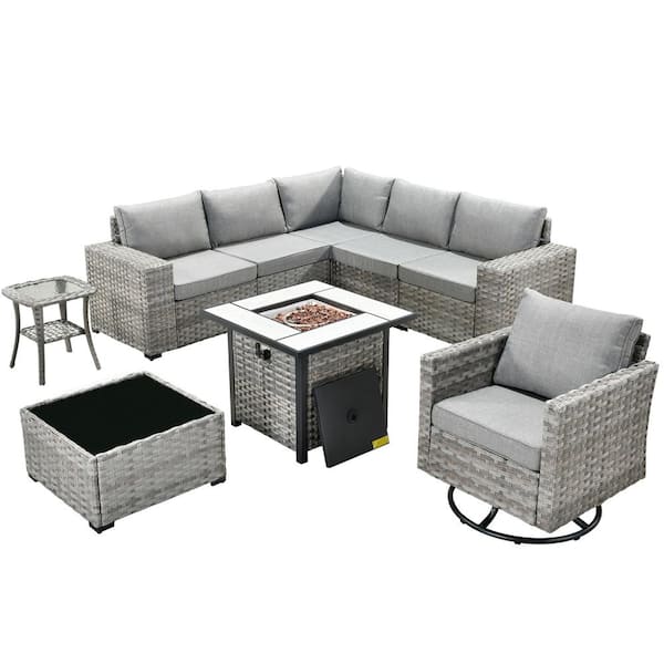XIZZI Metis 9-Piece Wicker Outdoor Patio Fire Pit Sectional Sofa Set and with Gray Cushions and Swivel Rocking Chairs