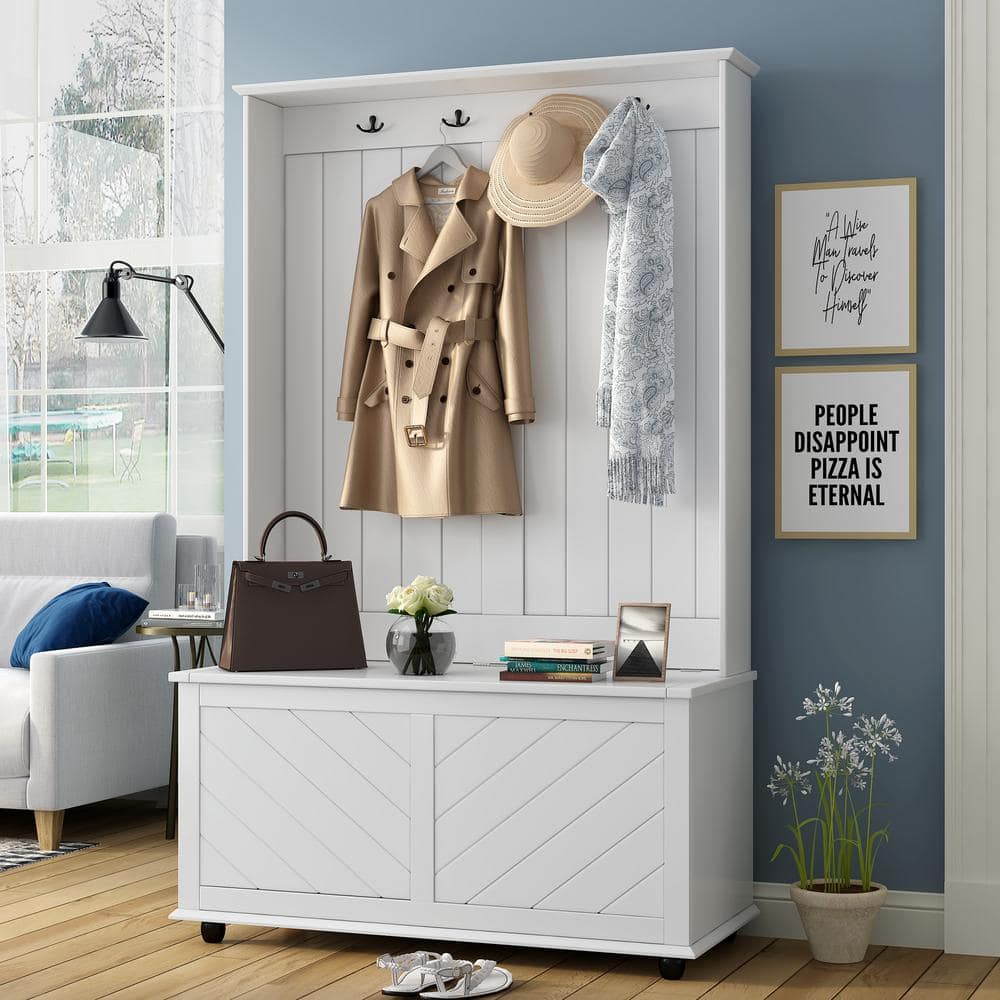 URTR White Entryway Hall Tree with Storage Bench, 3-in-1 Hallway Coat ...