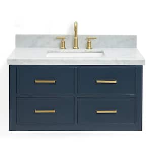 Hutton 37 in. W x 22 in. D x 19.6 in. H Bath Vanity in Midnight Blue with Carrara White Marble Top
