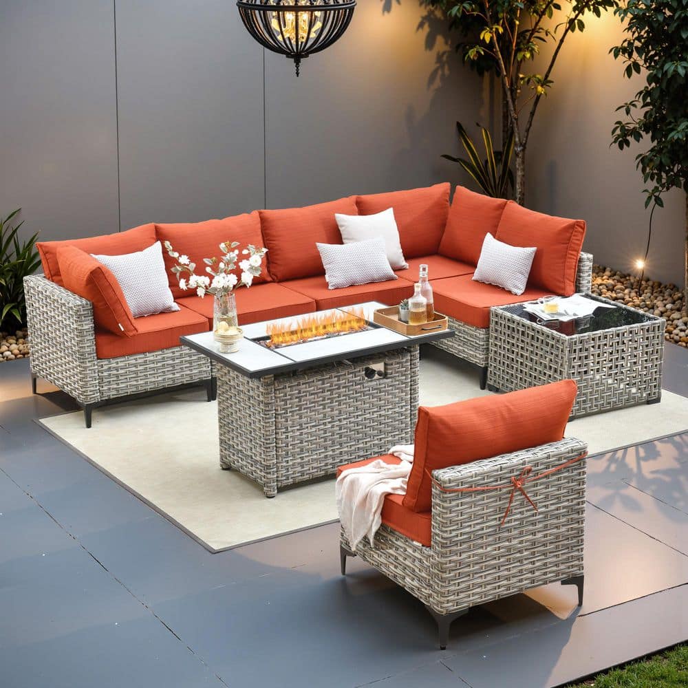 Coralia Gray 8-Piece Outdoor Wicker Patio Conversation Sets With Fire Pit, Stripe Red Cushion & Lighted Coffee Table price history on PriceWatchPro