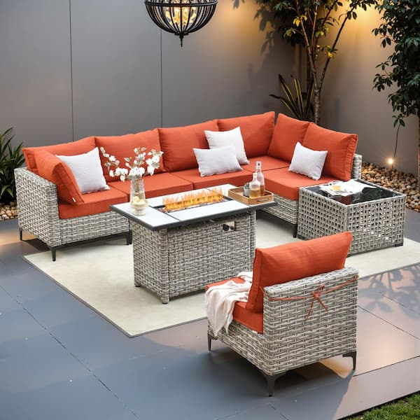 Coralia Gray 8-Piece Outdoor Wicker Patio Conversation Sets With Fire Pit, Stripe Red Cushion & Lighted Coffee Table
