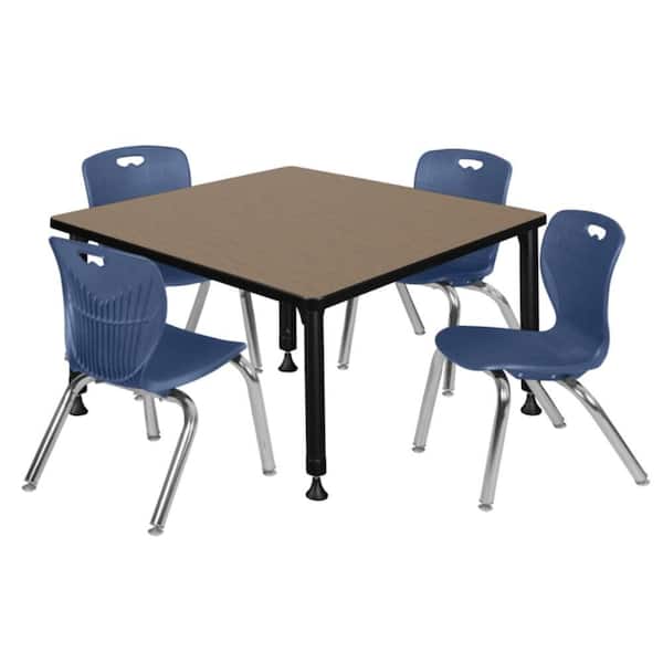 Kee 36 in. Square Noble Oak Adjustable Classroom Table Desk with Black Base and 4 Andy 12 in. Blue Stack Chairs