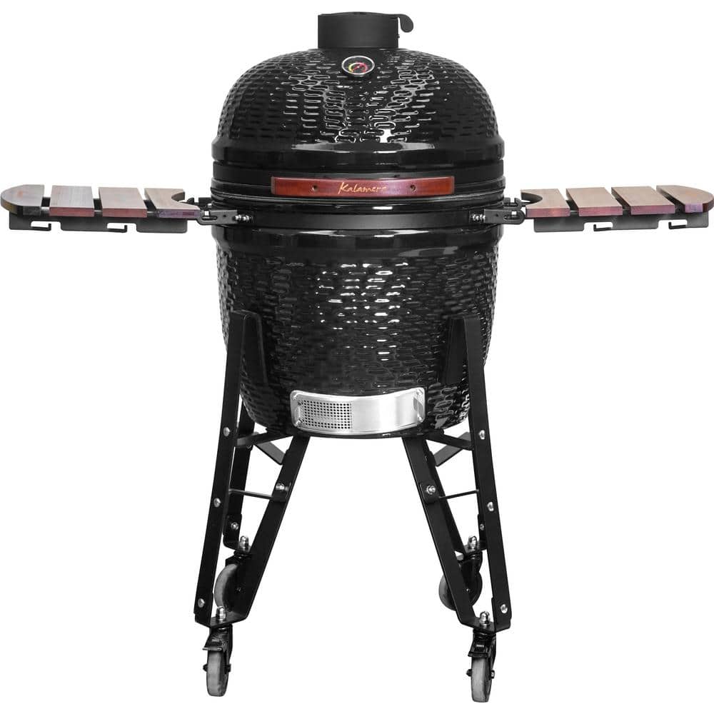 18 in. Kamado Ceramic Charcoal Grill in Black with Cart and Side-Wings