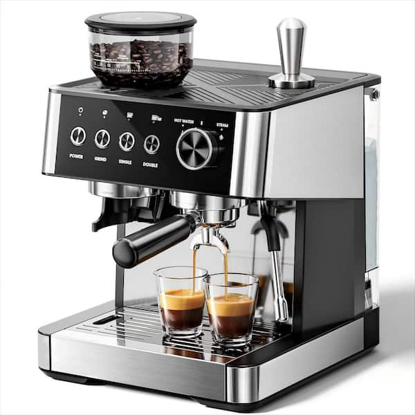 2 Cup Semi-Automatic 15-Bar Espresso Machine with Built-In Grinder & Milk Frother Coffee Maker in Stainless Steel Silver