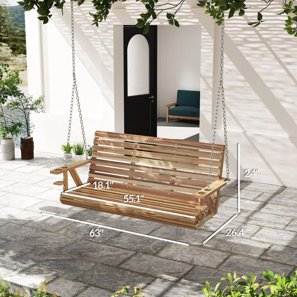 Nature Wood 5 FT 3-Seater Outdoor Porch Swing with Cupholders