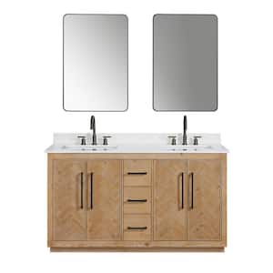 Bellavia 60 in. W x 22 in. D x 34 in. H Double Sink Bath Vanity in Weathered Fir with Grain White Stone Top and Mirror