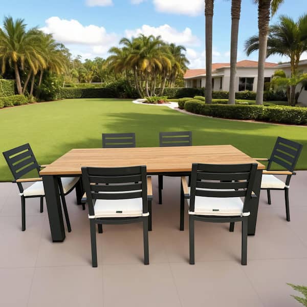 HiGreen Outdoor Lakehouse 7-Piece Black Aluminum Outdoor Dining Set with Rectangular Table and Cast Natural Cushions