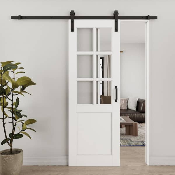 ARK DESIGN 28 in. x 80 in. 6 Lite Tempered Clear Glass White Primed MDF Sliding Barn Door with Hardware Kit