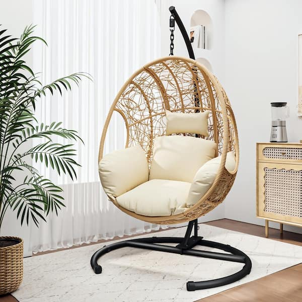 72.83 in. H PE Wicker Outdoor Patio Swing Natural Color Swing Egg Chair with Beige Cushion and Black Color Base