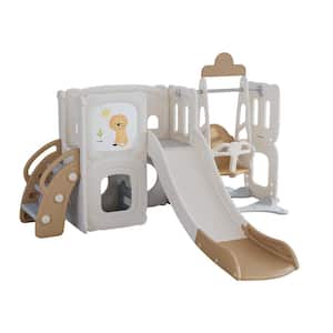 Brown 5 in. 1 Toddler Freestanding Slide Set with Drawing Whiteboard