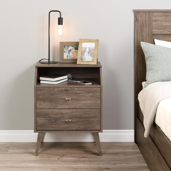 Prepac Milo Mid Century Modern Drifted Gray 2-Drawer Nightstand with Angled Top