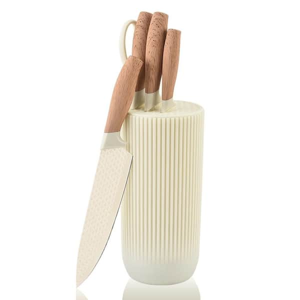Numhew 6-Piece Anti-Rust Non-stick Stainless Steel Kitchen Knife Set with Knife Block, Beige