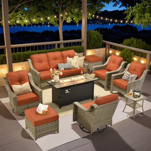 Tulip R 9-Piece Wicker Patio 54 in. Fire Pit Conversation Set with Swivel Rocking Chairs and Red Cushions