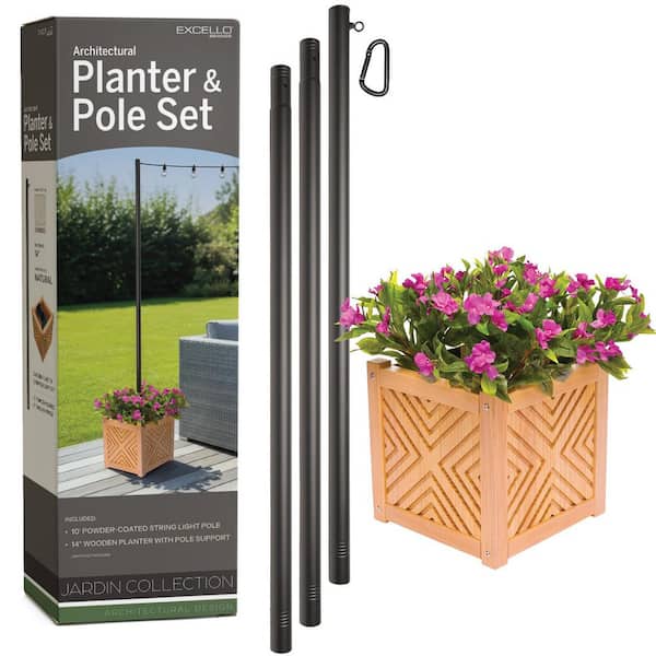 Jardin 14 in. x 14 in. Natural Wooden Chevron Panel Pole Planter with 10 ft. Premium String Light Pole