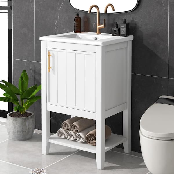 Virubi 20 in. W x 15.5 in. D x 33.5 in. H Single Sink Bath Vanity in White with White Ceramic Top, and Open Shelf