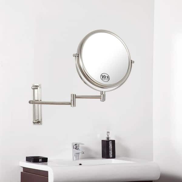 16.7 in. W x 13 in. H Round 2-Sided Framed Wall Mount Magnifying Makeup Bathroom Vanity Mirror in Brushed Nickel