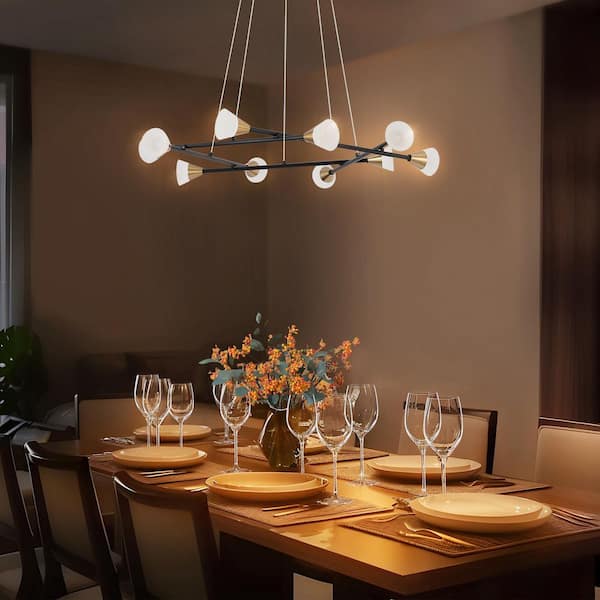 28 in. 10-Light Integrated LED Brass Sputnik Chandelier, Modern Black Pendant Light, 3045K Warm White Light for Bedroom