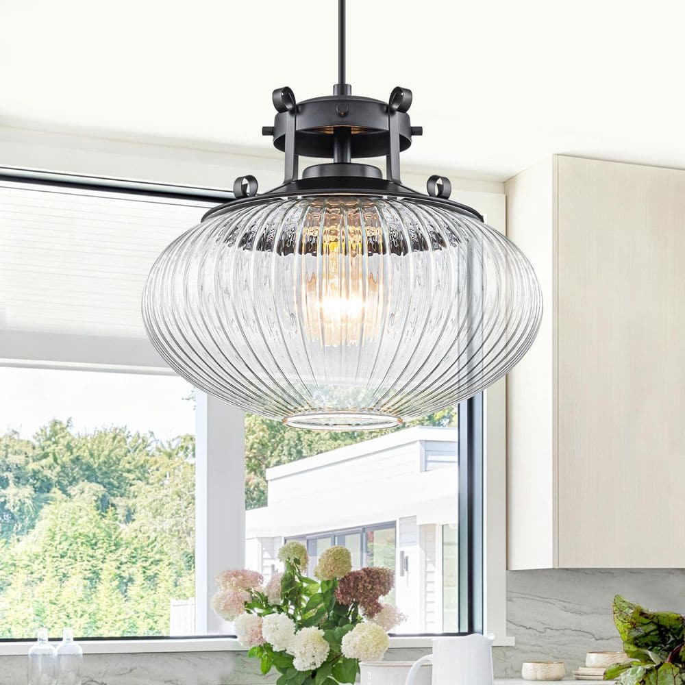 1-Light Matte Black Pendant Light Hanging Island Chandelier with Clear Ribbed Glass Shade price history on PriceWatchPro