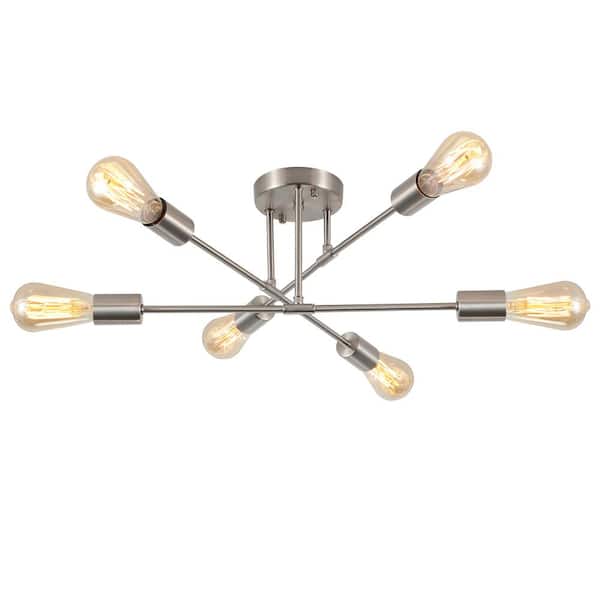ADSENSTY 20.66 in. 6-Light Nickel Sputnik Modern Semi-Flush Mount Ceiling Light