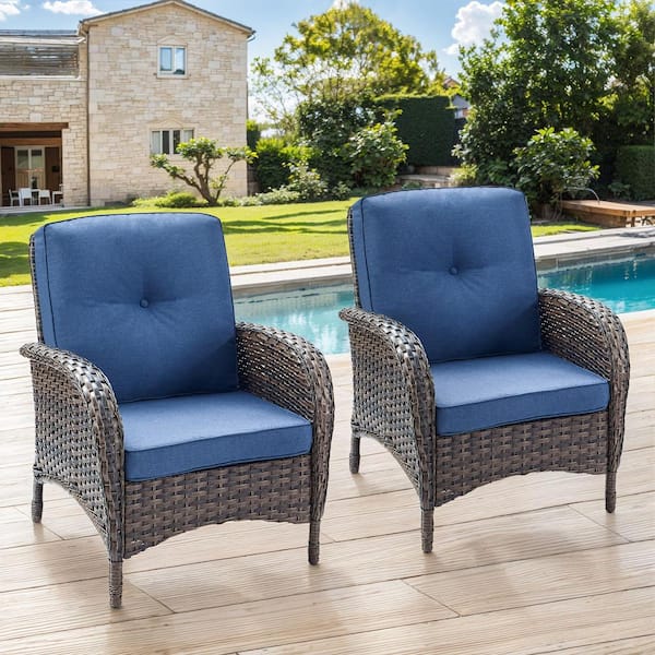 moosprr Patio Brown Wicker Outdoor Lounge Chair with Blue Cushions and Flat Armrest (2-Pack)