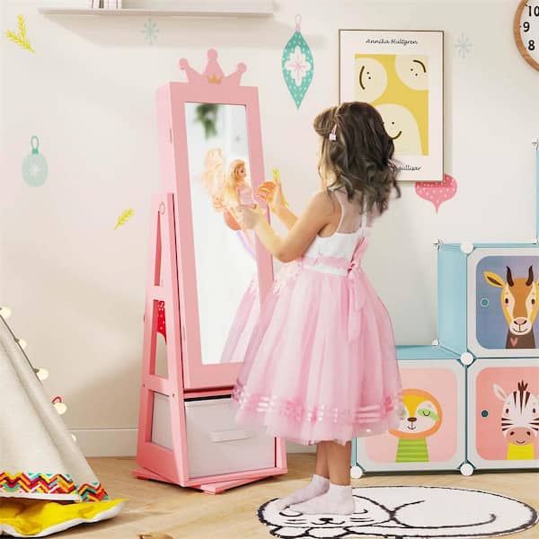 Pink Wood 12.5 in. Kids Jewelry Cabinet with Full-Length Mirror Foldable Drawer Anti-toppling System