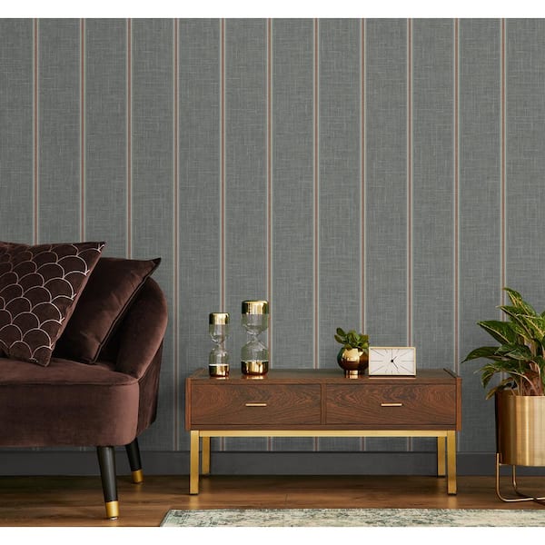 56 sq. ft. Metallic Charcoal and Rust Tipton Stripe Unpasted Paper Wallpaper Roll