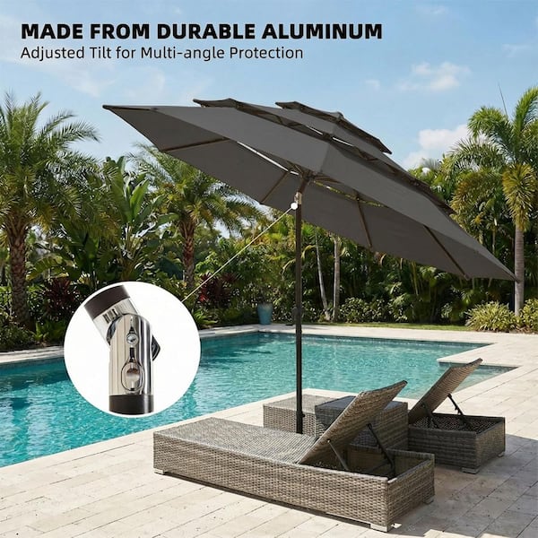lohasco 9 ft. 3-Tier Market Patio Umbrella with Push Button Tilt and Crank  in Dark Grey HD-MU-93T-DarkGray - The Home Depot