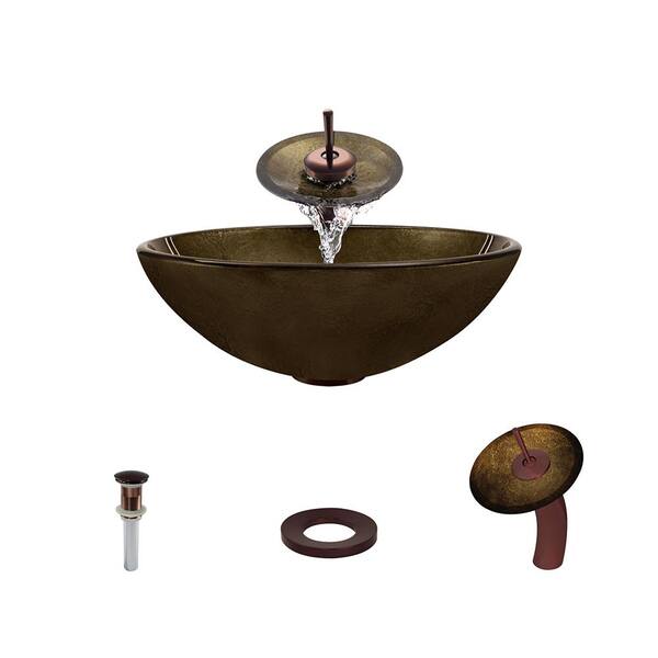 MR Direct Glass Vessel Sink in Foil Undertone with Waterfall Faucet and Pop-Up Drain in Oil Rubbed Bronze