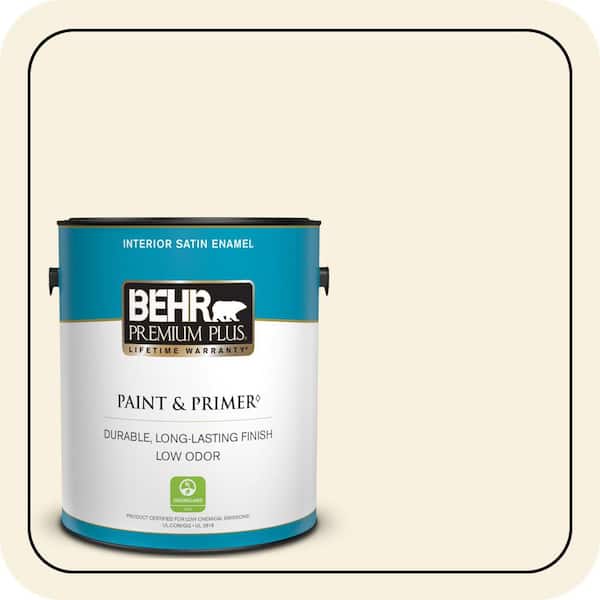BEHR PREMIUM PLUS 1 gal. #340C-1 Powder Sand Satin Enamel Low Odor Interior Paint & Primer