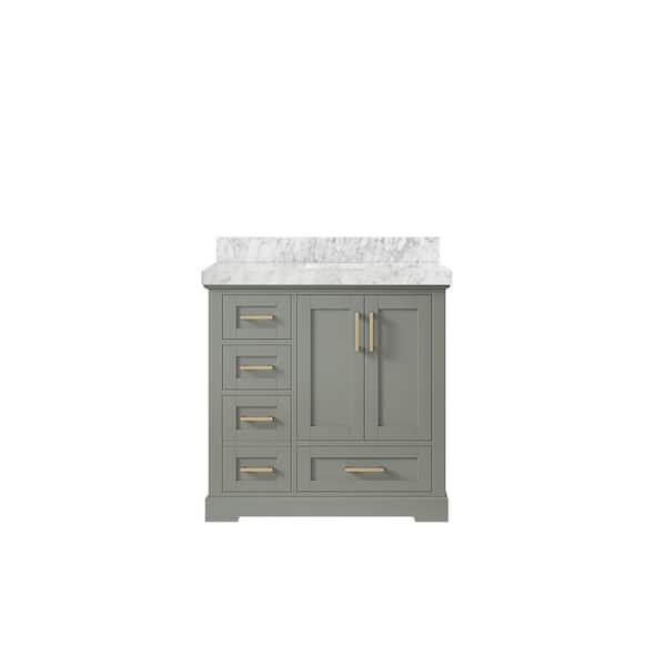 Willow Collections Boston 36 in. W x 22 in. D x 36 in. H Right Offset Sink Bath Vanity in Evergreen with 2 in. Carrara Marble Top