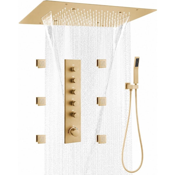 Brushed Gold 3-in-1 Thermostatic Shower System, 16 x 24 in. Rainfall Head, 6-Jet Full Body 5-Way Valve