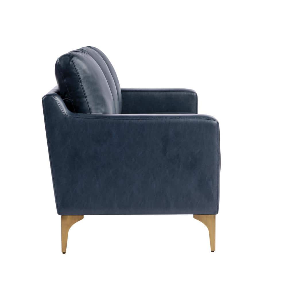 Navy Faux Leather Sofa with Removable Cushions and Wood Legs
