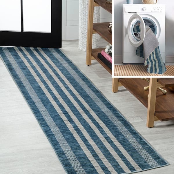 JONATHAN Y Blue/Cream 2 ft. x 8 ft. Vichy Geometric Striped Machine-Washable Runner Rug